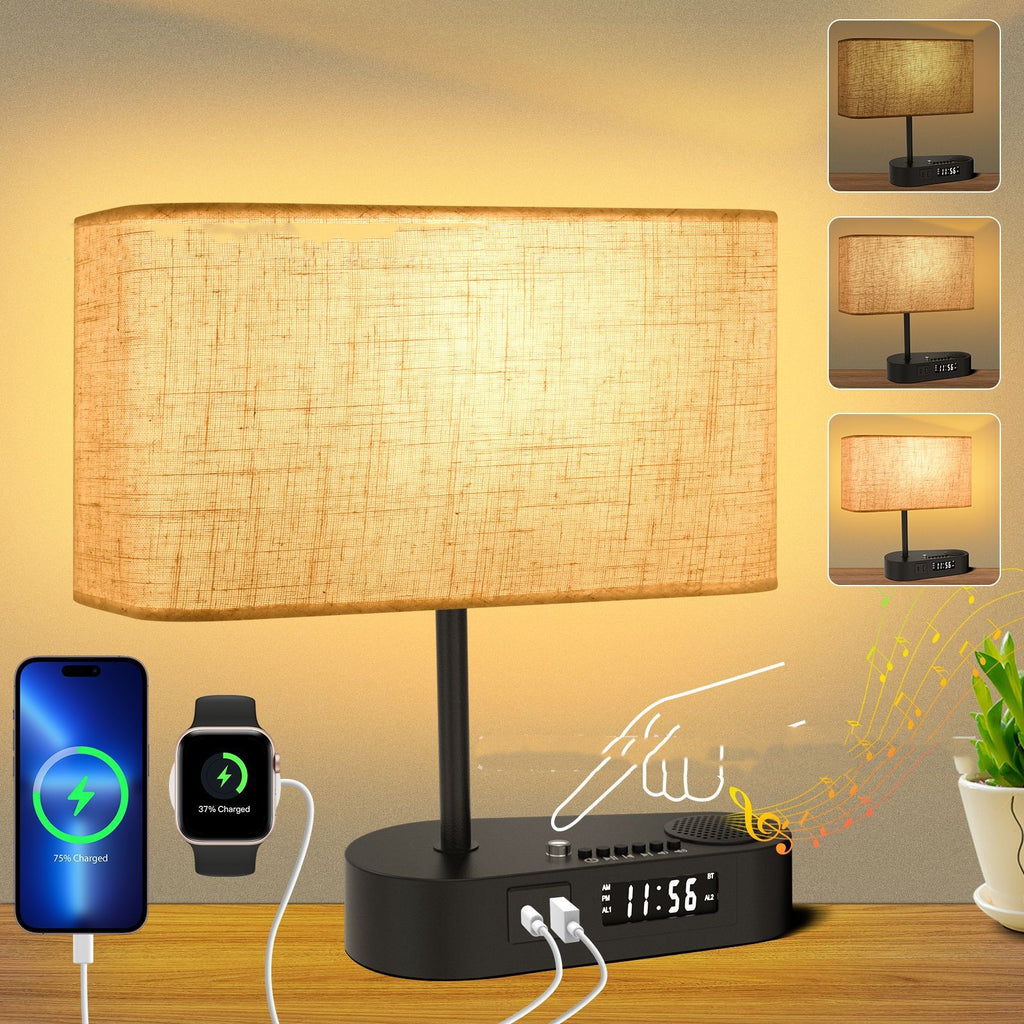 Bluetooth Fabric Table Lamp with Alarm Clock – Ambient LED Bedside Light