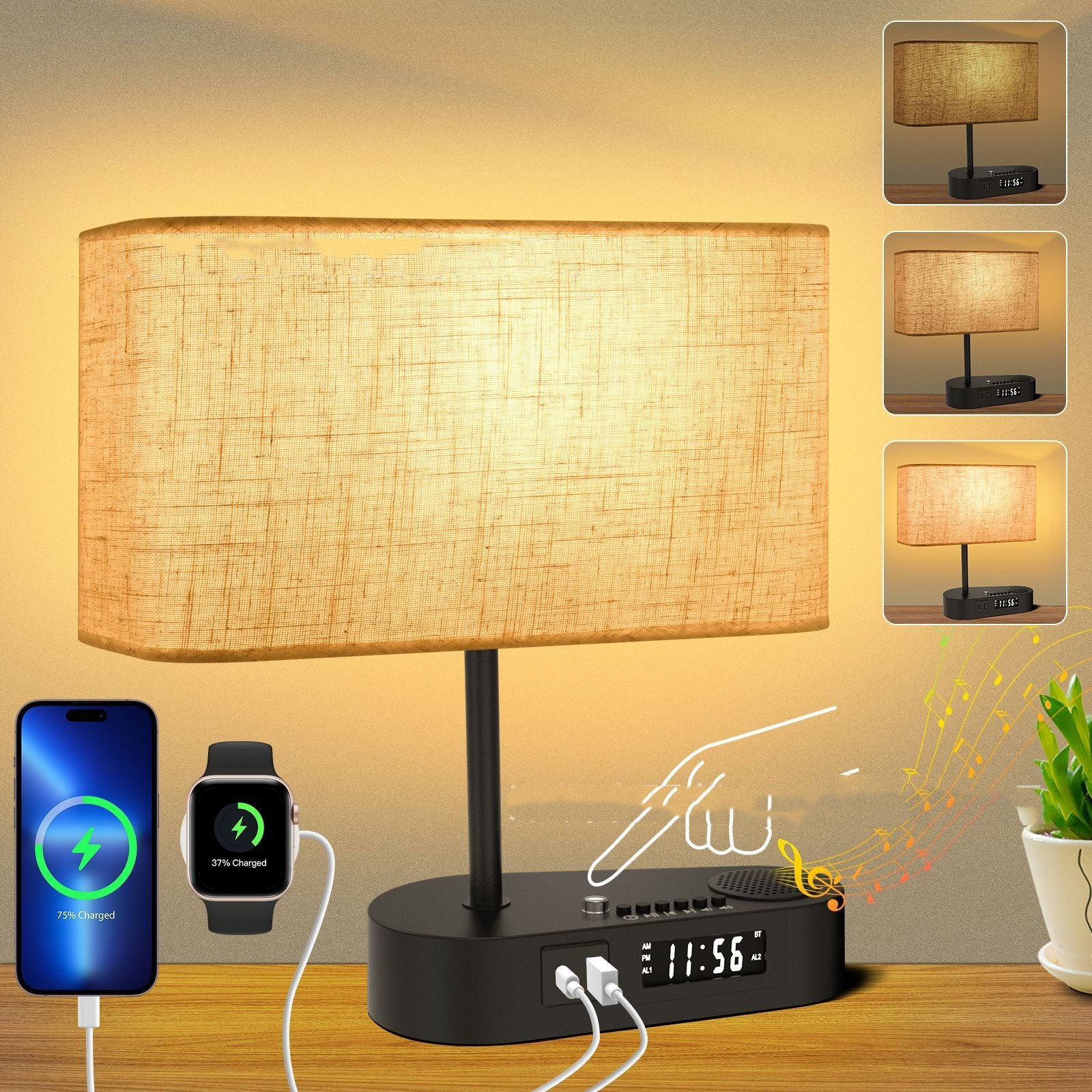 Bluetooth Fabric Table Lamp with Alarm Clock – Ambient LED Bedside Light