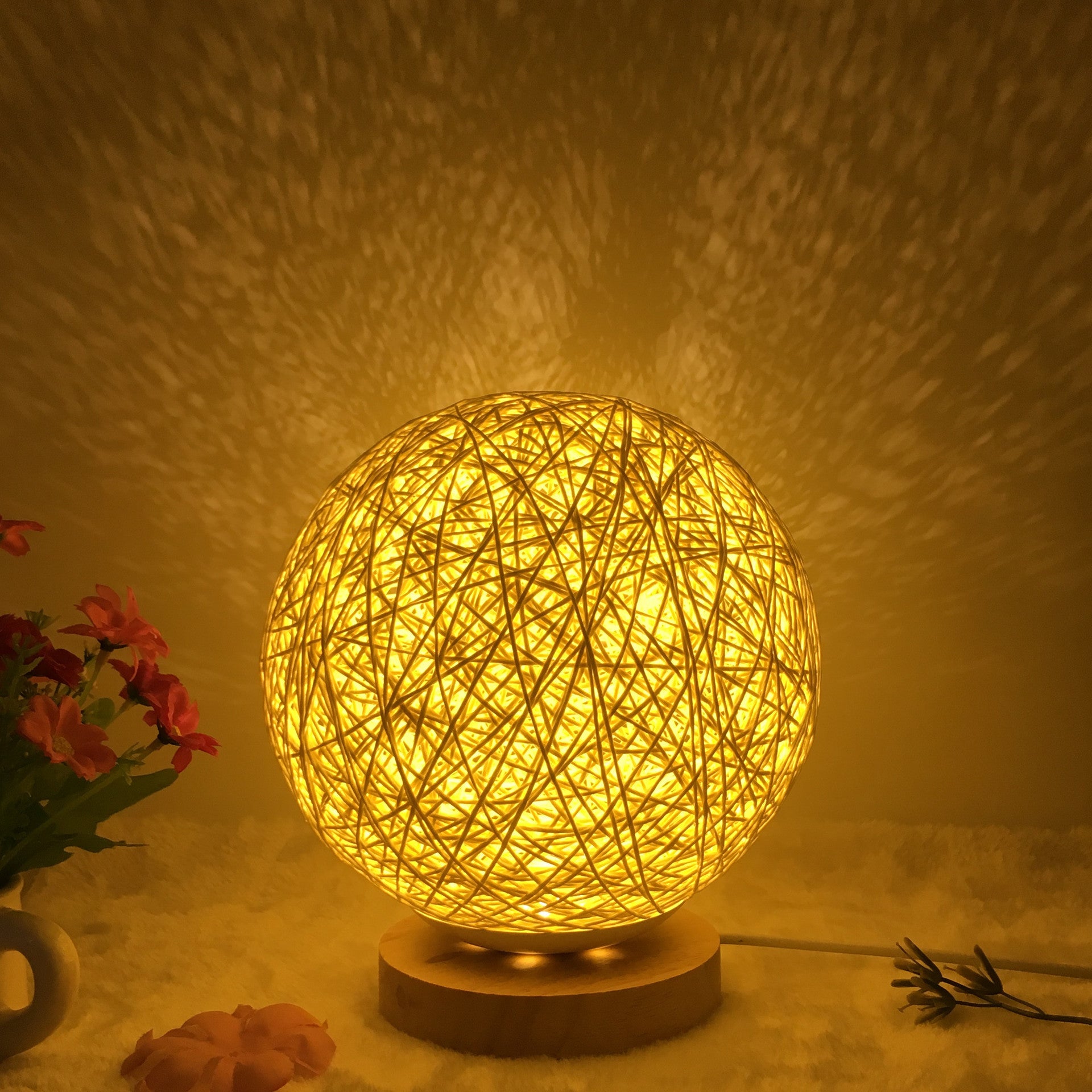 Rattan Ball LED Table Lamp | RGB Color-Changing Bedside Light