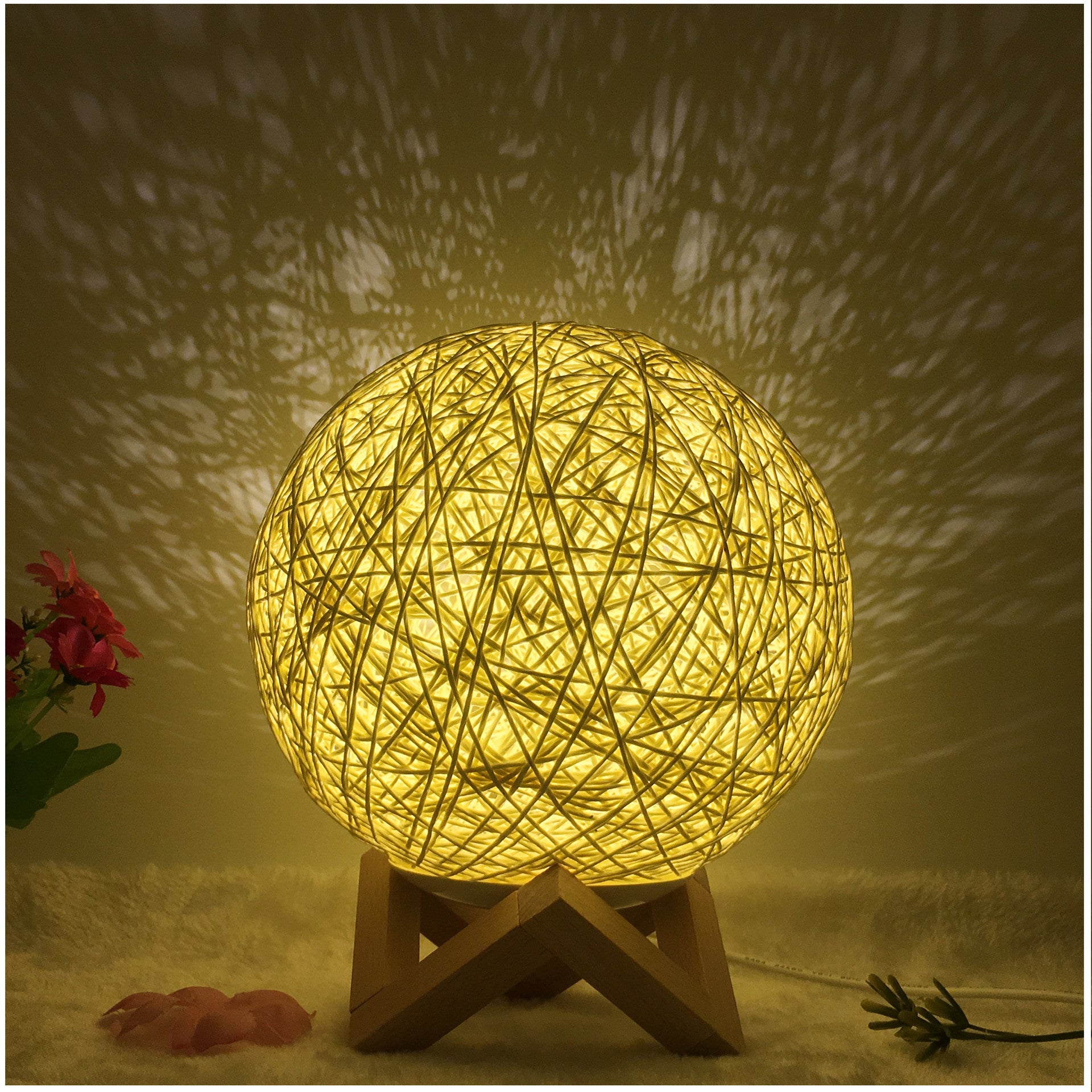 Rattan Ball LED Table Lamp | RGB Color-Changing Bedside Light