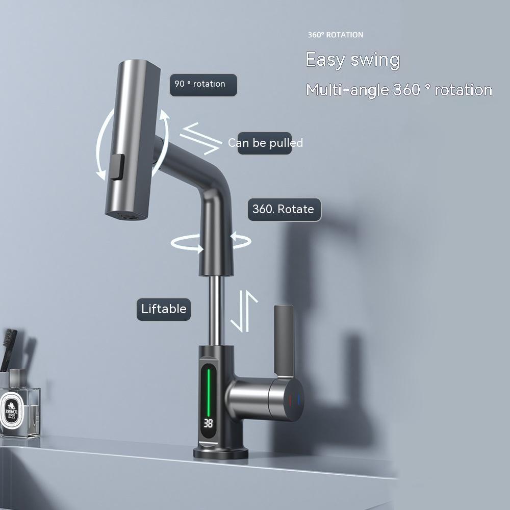 Smart LED Temperature Display Faucet with 360° Swivel & Pull-Out Sprayer
