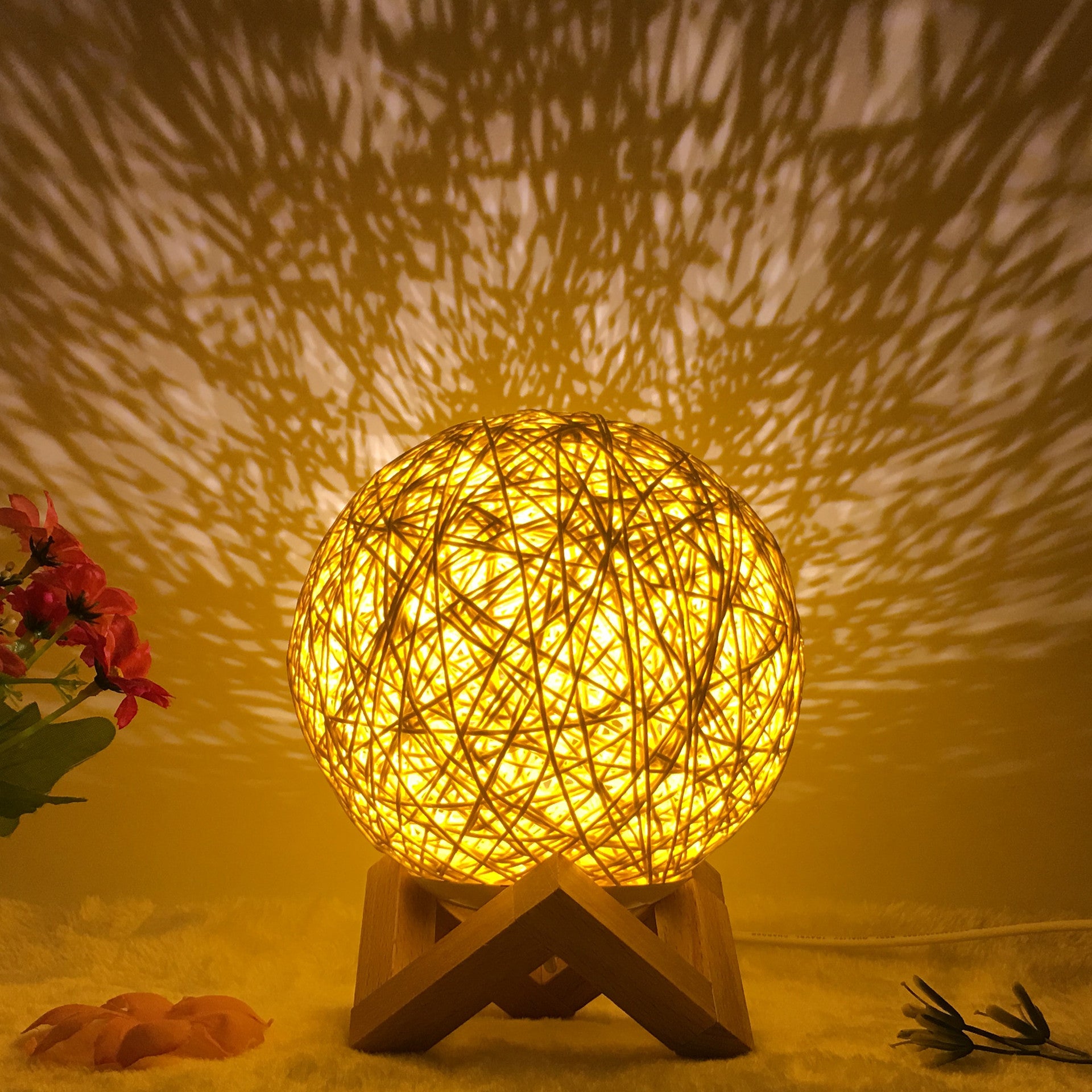 Rattan Ball LED Table Lamp | RGB Color-Changing Bedside Light