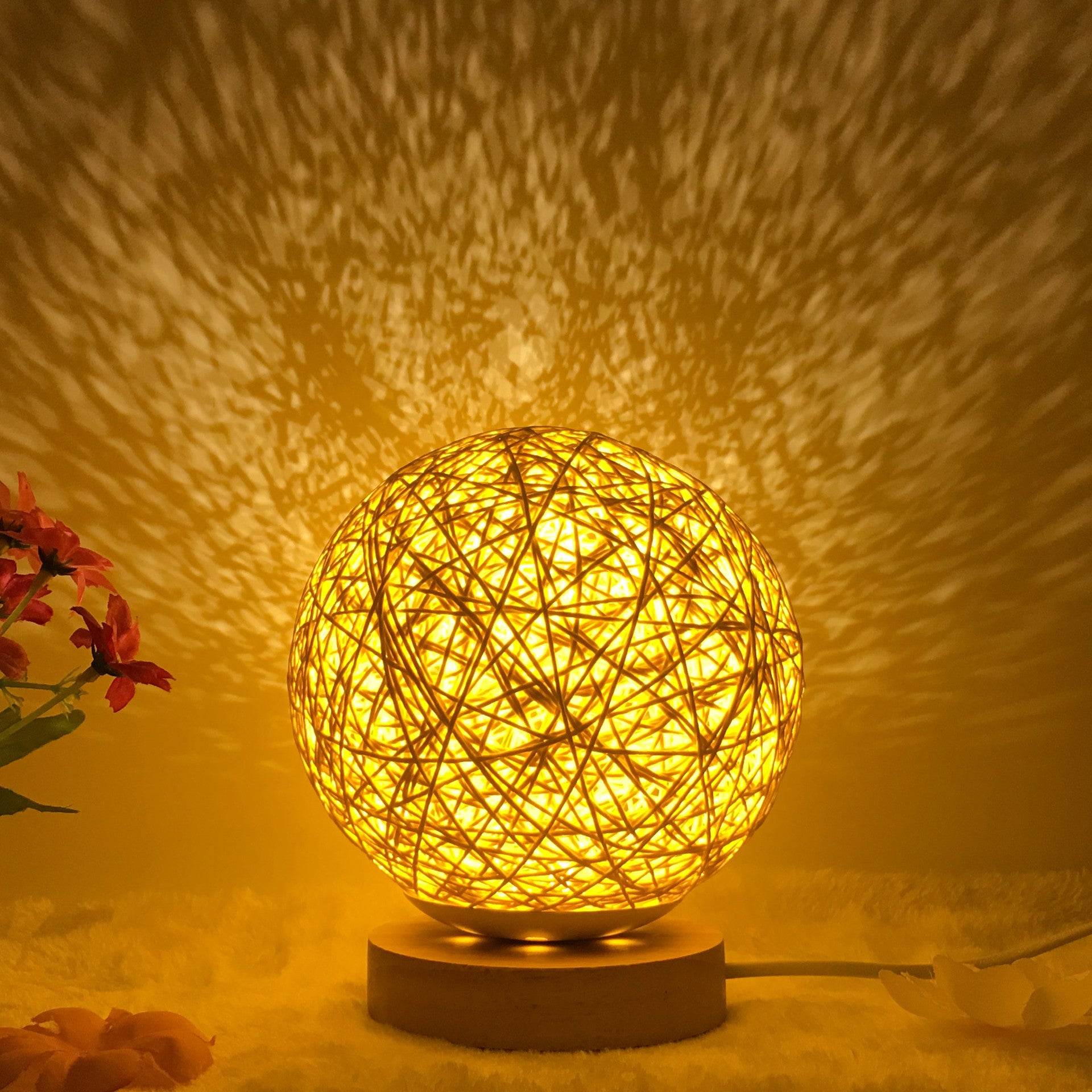Rattan Ball LED Table Lamp | RGB Color-Changing Bedside Light