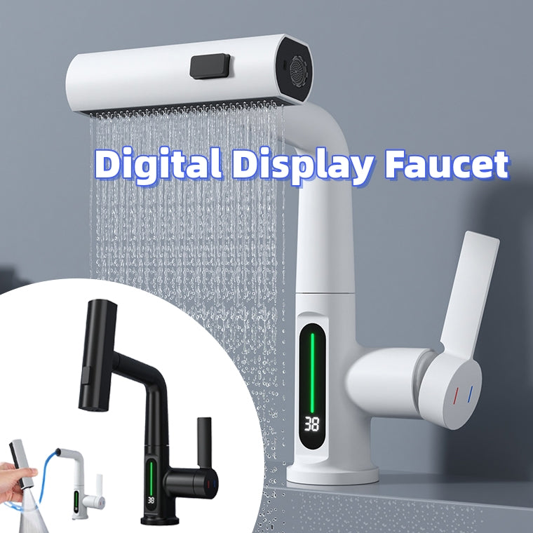 Smart LED Temperature Display Faucet with 360° Swivel & Pull-Out Sprayer