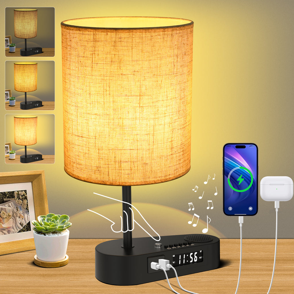 Bluetooth Fabric Table Lamp with Alarm Clock – Ambient LED Bedside Light