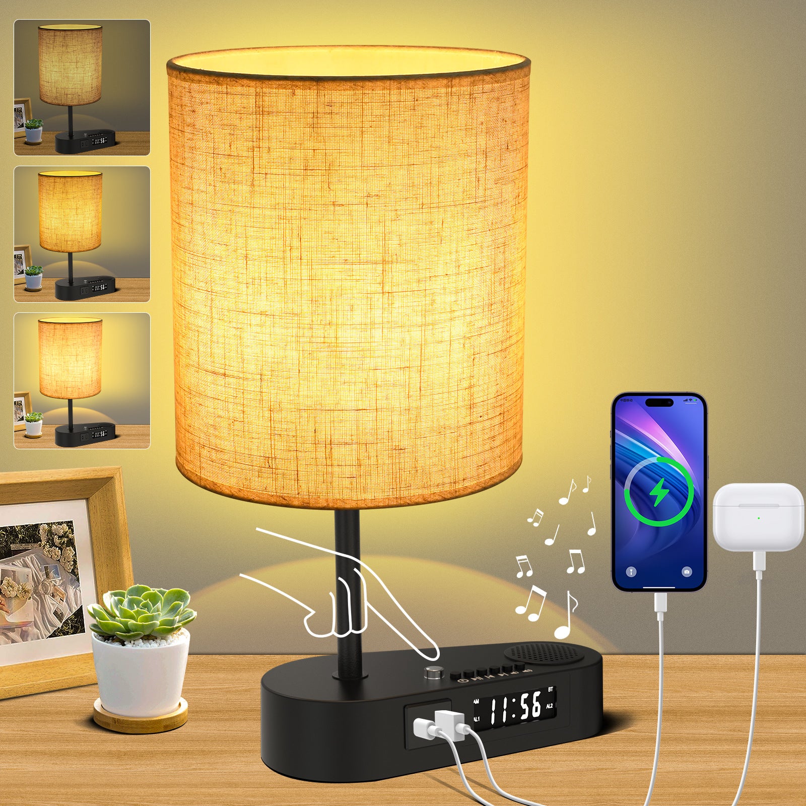 Bluetooth Fabric Table Lamp with Alarm Clock – Ambient LED Bedside Light