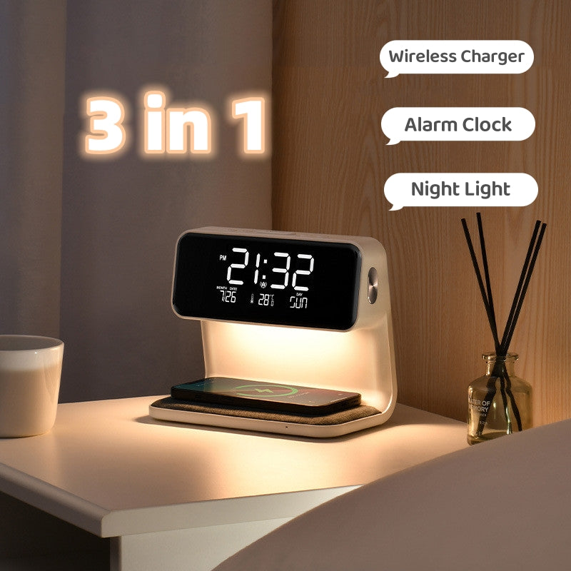 3-in-1 Bedside Lamp with Wireless Charging & LCD Alarm Clock