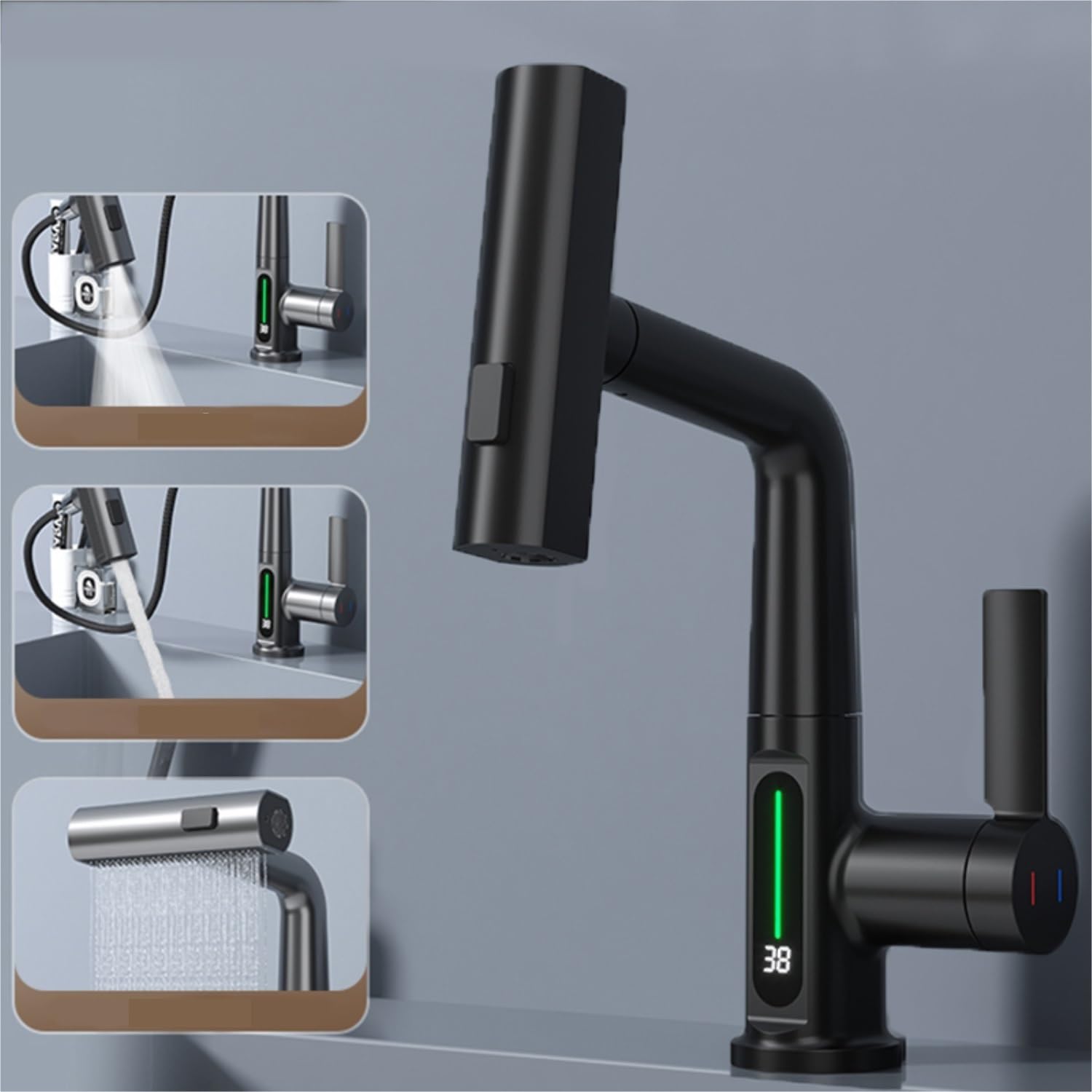 Smart LED Temperature Display Faucet with 360° Swivel & Pull-Out Sprayer