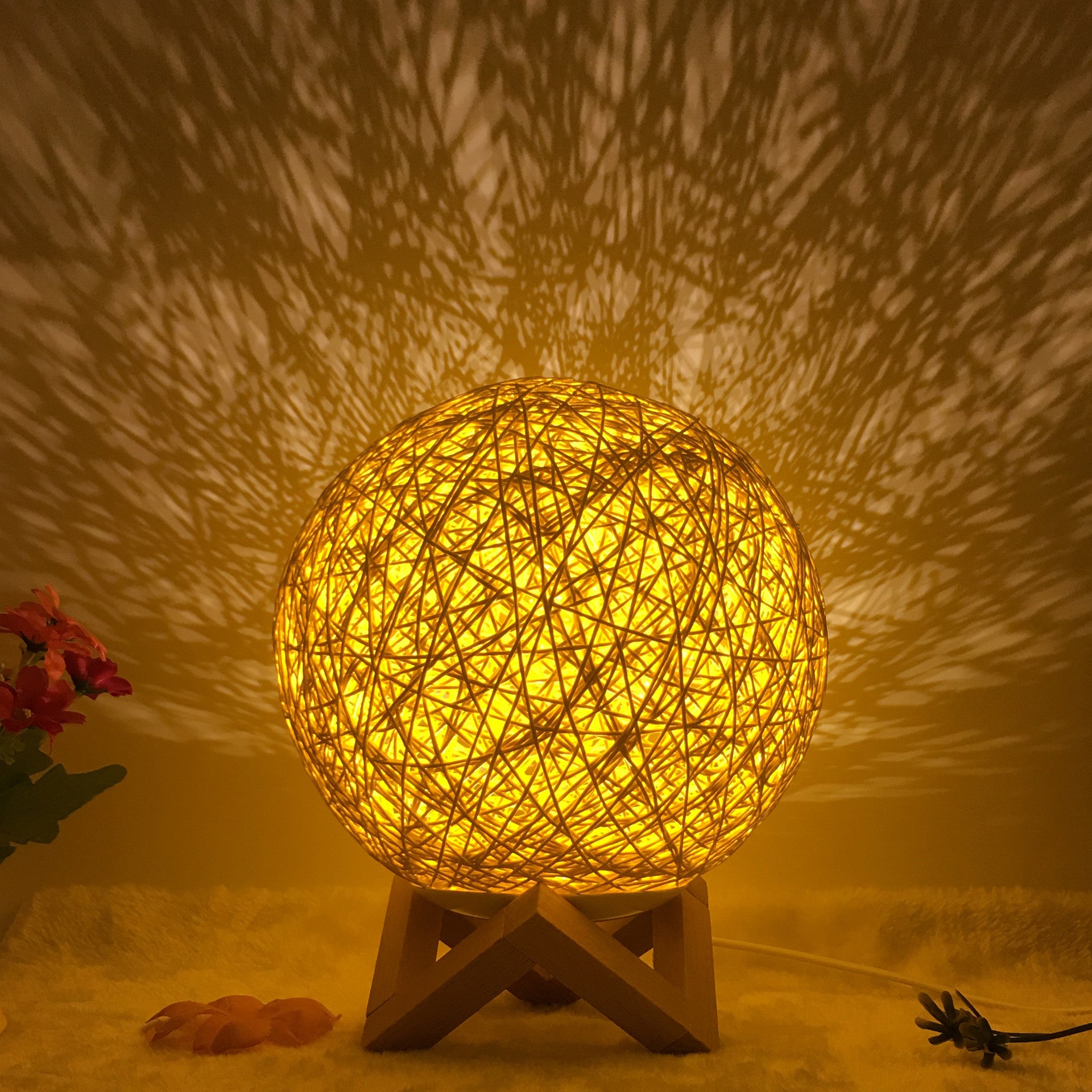 Rattan Ball LED Table Lamp | RGB Color-Changing Bedside Light