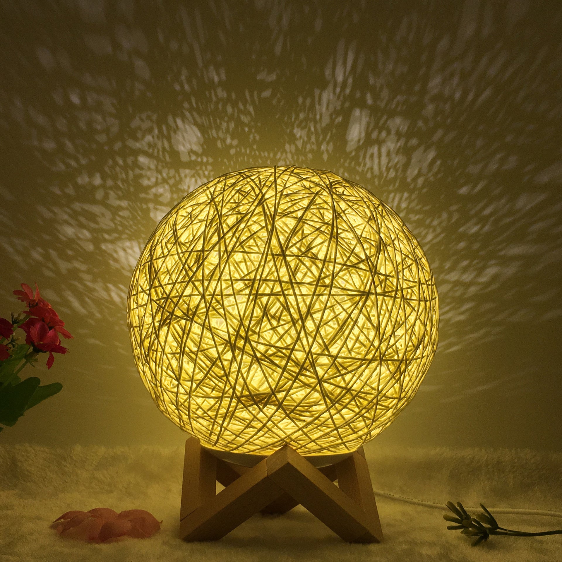 Rattan Ball LED Table Lamp | RGB Color-Changing Bedside Light