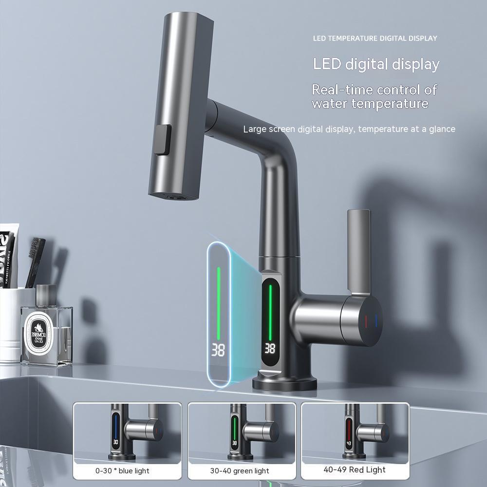 Smart LED Temperature Display Faucet with 360° Swivel & Pull-Out Sprayer