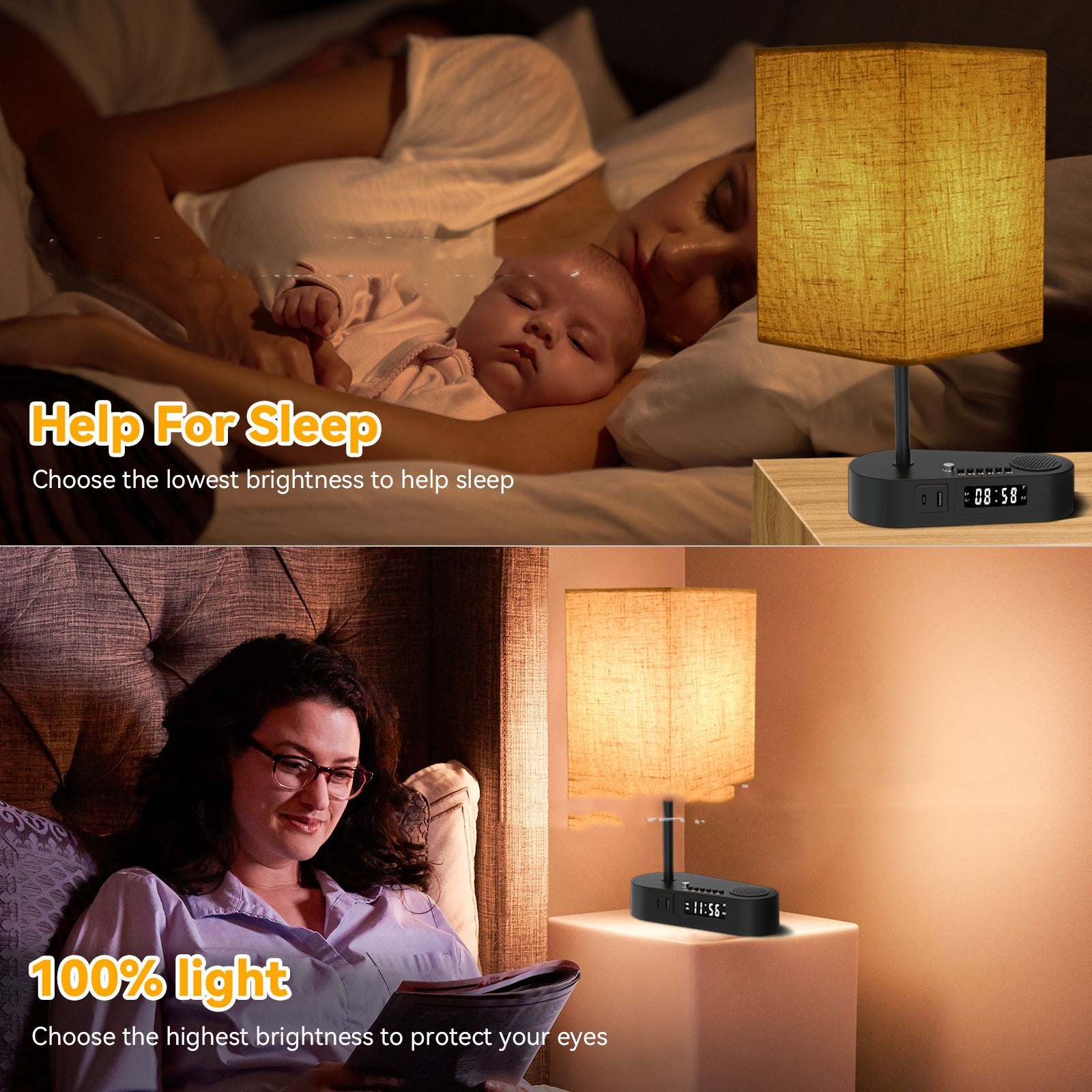 Bluetooth Fabric Table Lamp with Alarm Clock – Ambient LED Bedside Light